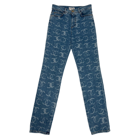 Chanel 23B Runway Light Blue Denim White CC Printed Logo Sequin Skinny Jeans 38 - Picture 2 of 16